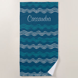 Serviette De Plage Vagues côtières Bleu et Blanc Rayures Nautiques
