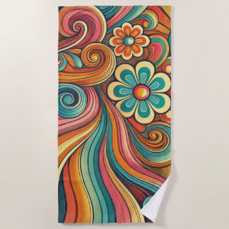 Serviette De Plage Vagues florales rétro avec Sunburst