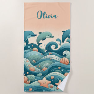 Serviette De Plage Vagues océaniques rêveuses et vie marine fantaisis