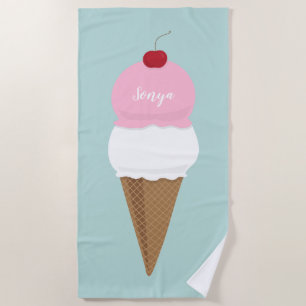 Serviette De Plage Vanille et fraise Ice Crème cône Nom et couleur