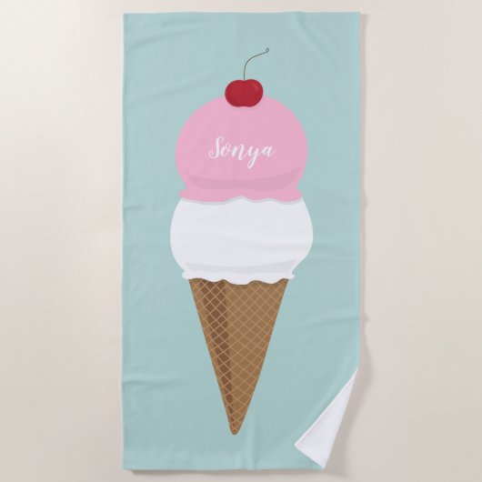 Serviette De Plage Vanille et fraise Ice Crème cône Nom et couleur (Devant)