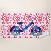 Serviette De Plage Vélo et fleurs bleus d'aquarelle (Devant)