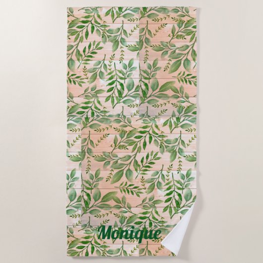 Serviette De Plage Verdure Abstraite sur Faux Wood Arrière - plan (Devant)