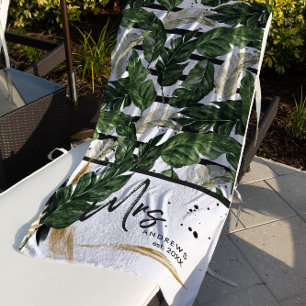 Serviette De Plage Verdure tropicale estivale   Mrs. Brushed Script