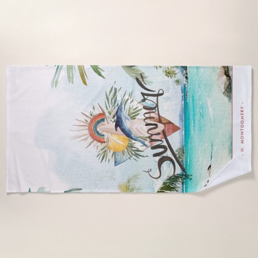 Serviette De Plage Vibes d'été | Boho Retro Summer Surf Monogramme (Devant)