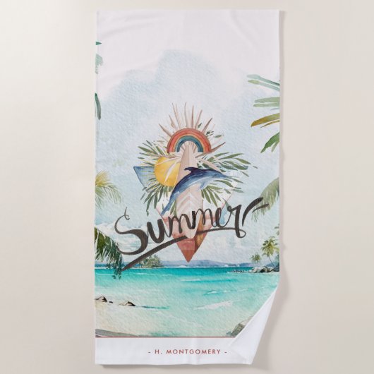 Serviette De Plage Vibes d'été | Boho Retro Summer Surf Monogramme (Devant)