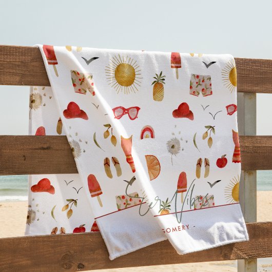 Serviette De Plage Vibes d'été | Monogramme Boho Retro Été