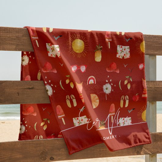 Serviette De Plage Vibes d'été | Monogramme d'été rétro boho