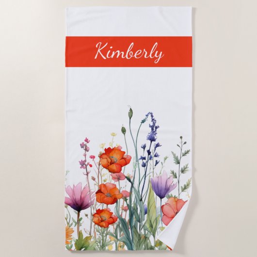 Serviette De Plage Vibrant Watercolor Wildflowers Personalized (Devant)