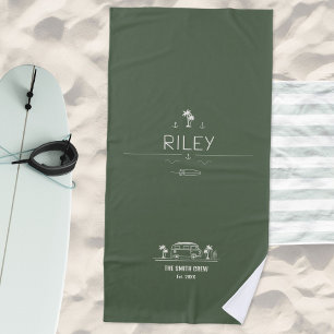 Serviette De Plage Vie en Van Vintage Vert Olive Surfeur Extérieur