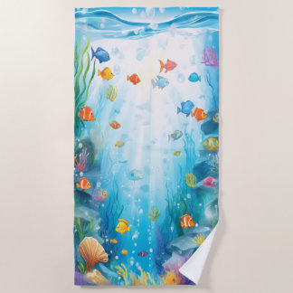 Serviette De Plage Vie marine tropicale sous l'aquarelle océanique