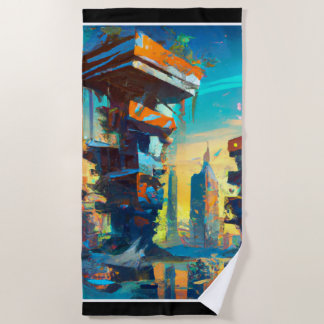 Serviette De Plage Ville dystopique futuriste, peinture générée par l