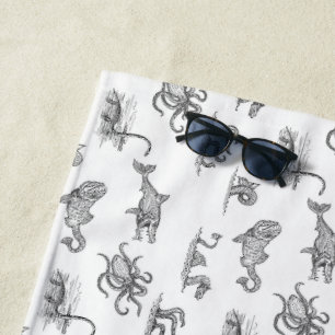 Serviette De Plage Vintage Black & White Sea Monster Line Art Beach