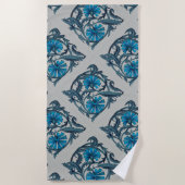 Serviette De Plage vintage bleu antique fleurs artisanat rustique (Devant)