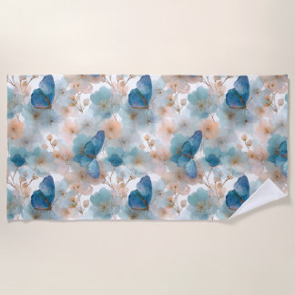 Serviette De Plage Vintage Spring Flowers & Blue Butterfly