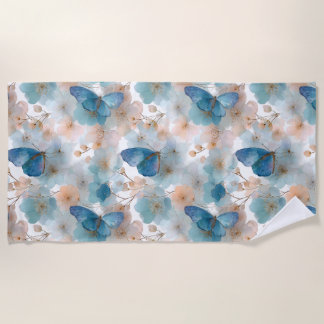 Serviette De Plage Vintage Spring Flowers & Blue Butterfly