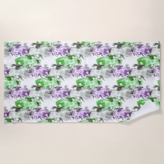 Serviette de plage violet et vert Horses (Devant)