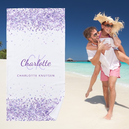 Serviette De Plage Violet lavande blanc nom de parties scintillant mo