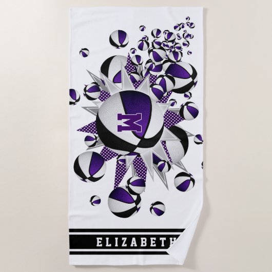 Serviette De Plage violet noir basketballs stars filles monogrammed (Devant)