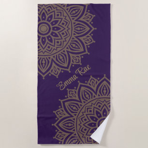 Serviette De Plage Violet pourpre & Tan Gold Mandala Flower