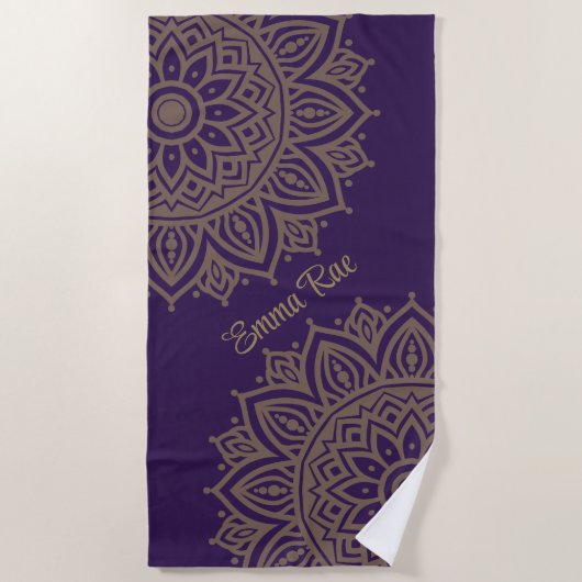 Serviette De Plage Violet pourpre & Tan Gold Mandala Flower (Devant)