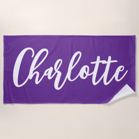 Serviette De Plage Violet Royal et lettrage blanc Script (Devant)