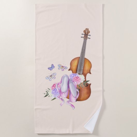 Serviette De Plage Violon, Chaussures de Ballet, Fleurs et Papillons (Devant)
