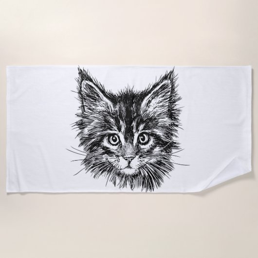 Serviette De Plage Visage de Kitten noir et blanc (Devant)