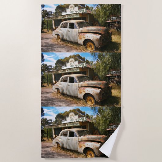 Serviette De Plage Voiture Rustique Et Garage, (Devant)