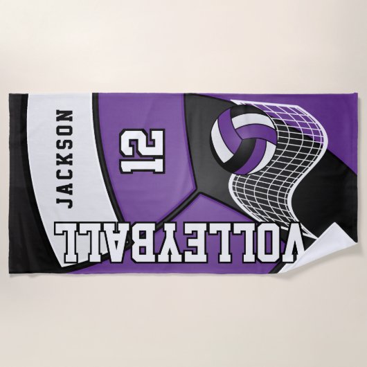 Serviette De Plage Volley-ball en violet, noir et blanc (Devant)