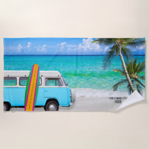 Serviette De Plage Votre entreprise Logo Beach Blue Van & Surfboard B