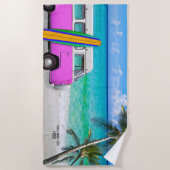 Serviette De Plage Votre entreprise Logo Beach Pink Van & Surboard (Devant)