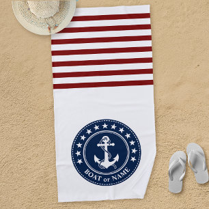Serviette De Plage Votre nom de bateau Ancre Étoiles Bleu Rouge Blanc