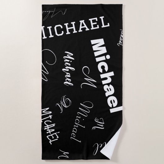 Serviette De Plage Votre nom et monogramme motif personnalisé noir (Devant)
