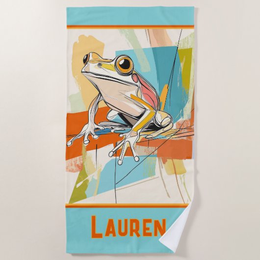 Serviette De Plage Votre nom Grenouille Turquoise Art (Devant)