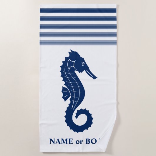 Serviette De Plage Votre nom ou nom de bateau Seahorse Blue White Str (Devant)