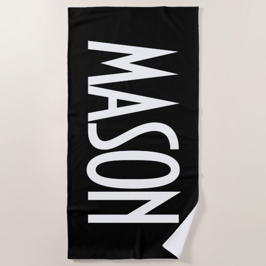 Serviette De Plage Votre nom, texte gras blanc | Noir (Devant)