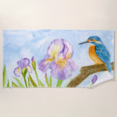 Serviette De Plage Watercolor Kingfisher with Purple Irises (Devant)