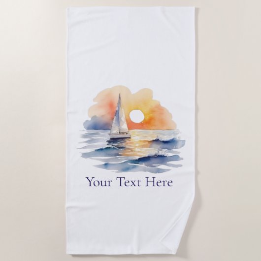 Serviette De Plage Watercolor Sailing Sailboat Nautical Sunset Ocean (Devant)