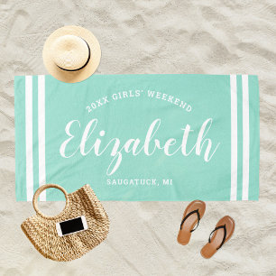 Serviette De Plage Week-end de filles Aqua Blue avec monogramme perso