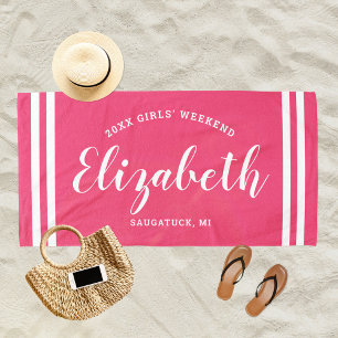 Serviette De Plage Week-end de filles rose chaud Monogramme Nom