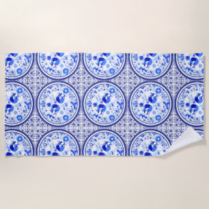 Serviette De Plage Weimaraners, Lapins et Oiseaux Otomi Bleu & Blanc