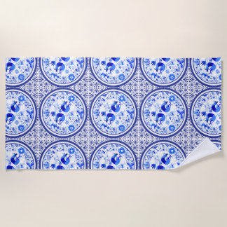 Serviette De Plage Weimaraners, Lapins et Oiseaux Otomi Bleu & Blanc