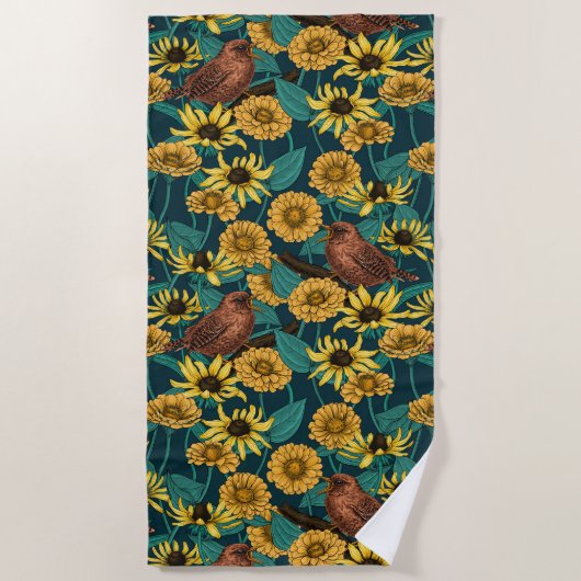 Serviette De Plage Wens et fleurs sur bleu foncé (Devant)