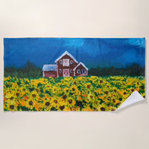 Serviette De Plage western country red barn summer sunflower field