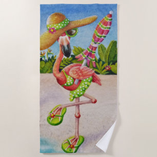 Serviette De Plage Whimsical Beach Babe Flamant rose No. 2 Aquarelle