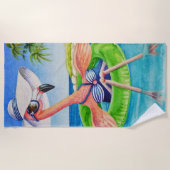 Serviette De Plage Whimsical Beach Babe Flamant rose No. 3 Aquarelle (Devant)