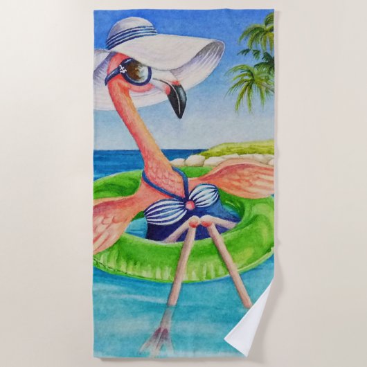 Serviette De Plage Whimsical Beach Babe Flamant rose No. 3 Aquarelle (Devant)