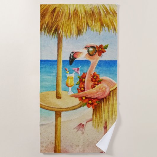 Serviette De Plage Whimsical Beach Babe Flamant rose No 4 Aquarelle A (Devant)