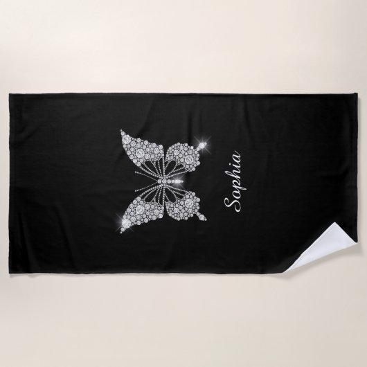 Serviette De Plage White Diamond Butterfly, DIY Script Nom, Black (Devant)